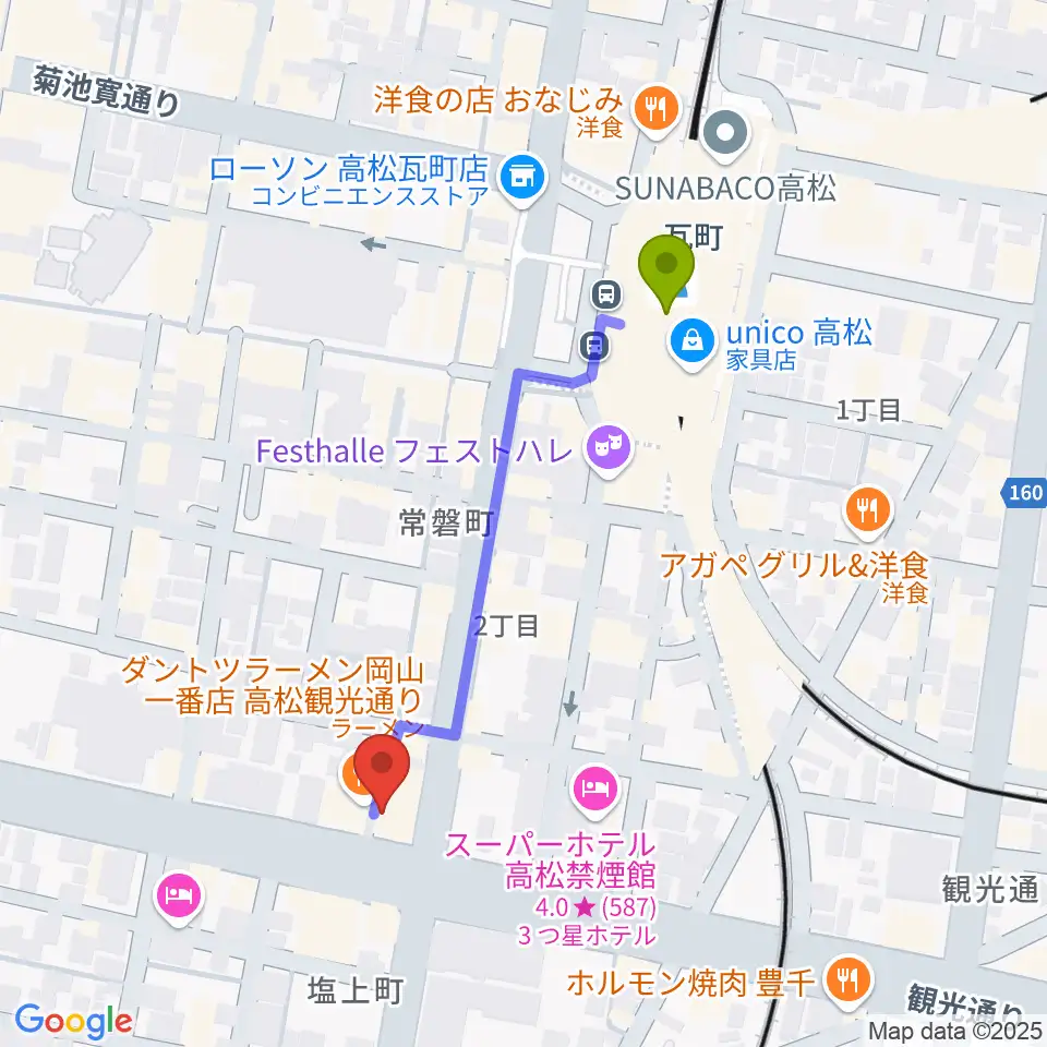 studio SUMUSの最寄駅瓦町駅からの徒歩ルート（約4分）地図