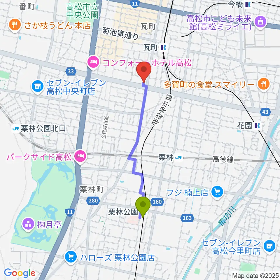 栗林公園駅からstudio SUMUSへのルートマップ地図