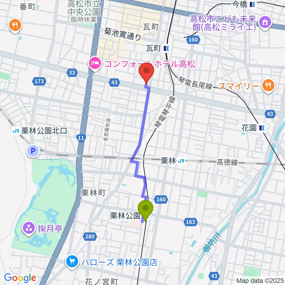 栗林公園駅からstudio SUMUSへのルートマップ地図
