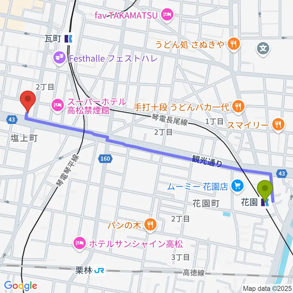 花園駅からstudio SUMUSへのルートマップ地図