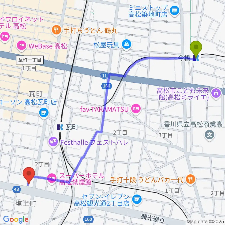 今橋駅からstudio SUMUSへのルートマップ地図