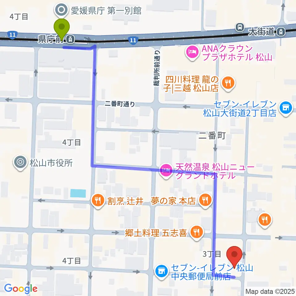 県庁前駅からスタジオ OWLへのルートマップ地図