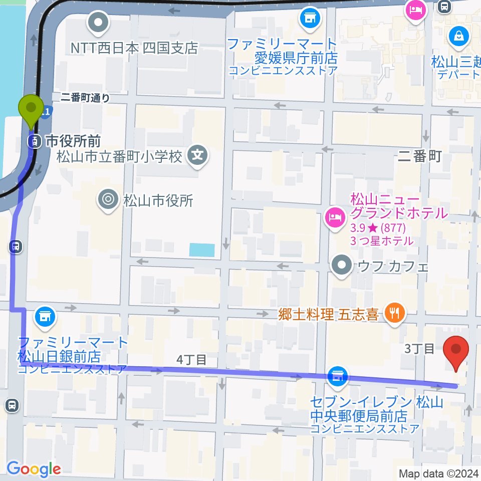 市役所前駅からスタジオ OWLへのルートマップ地図