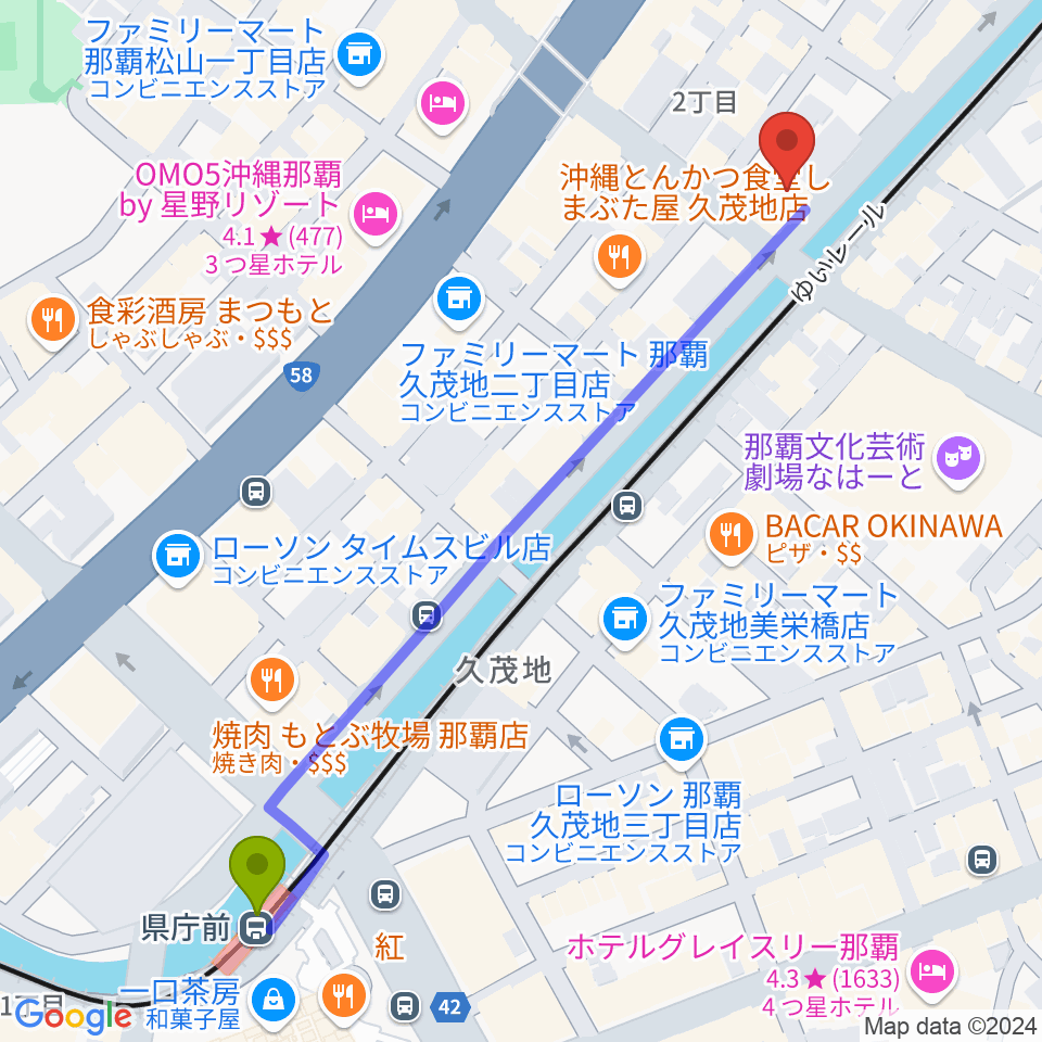 県庁前駅から電波堂劇場へのルートマップ地図