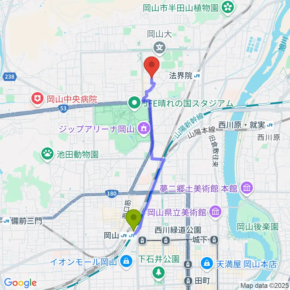 岡山駅からピアノレンタルスタジオ アーデルへのルートマップ地図