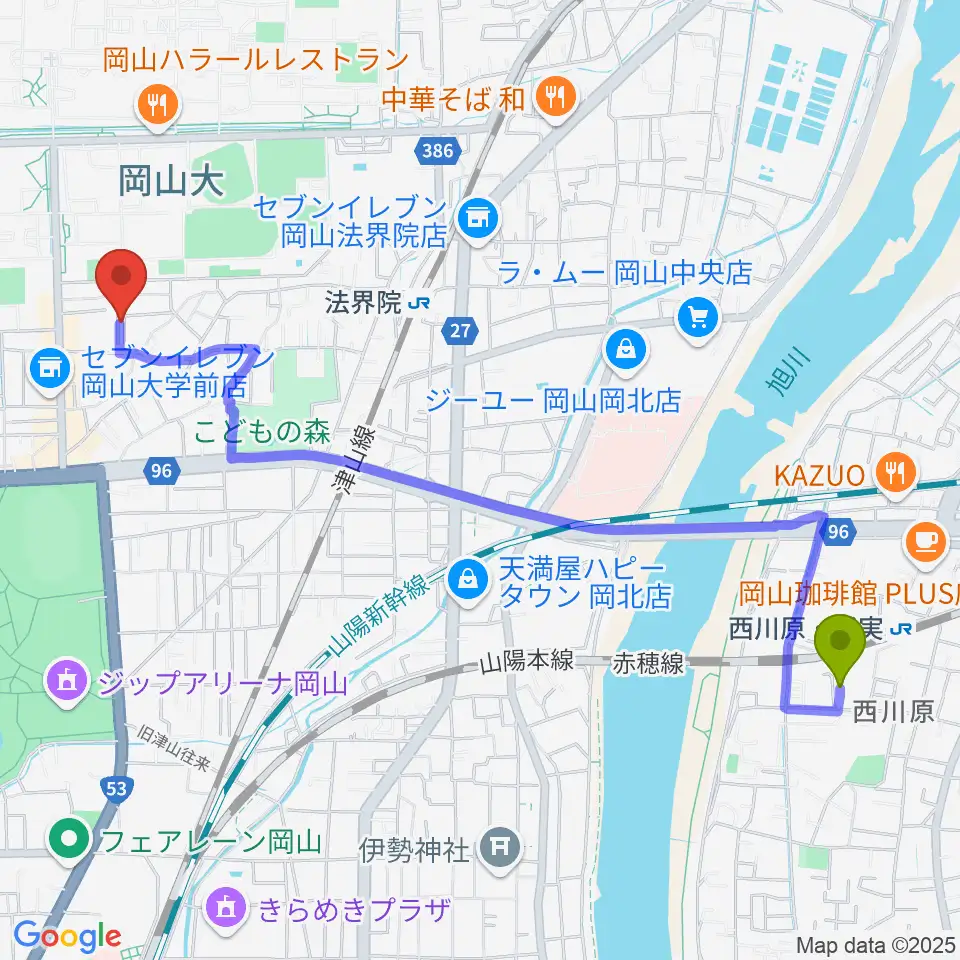 西川原駅からピアノレンタルスタジオ アーデルへのルートマップ地図