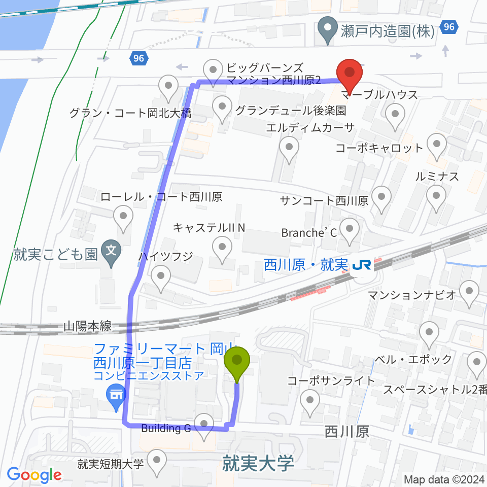 ラッシュミュージックアカデミーの最寄駅西川原駅からの徒歩ルート（約5分）地図