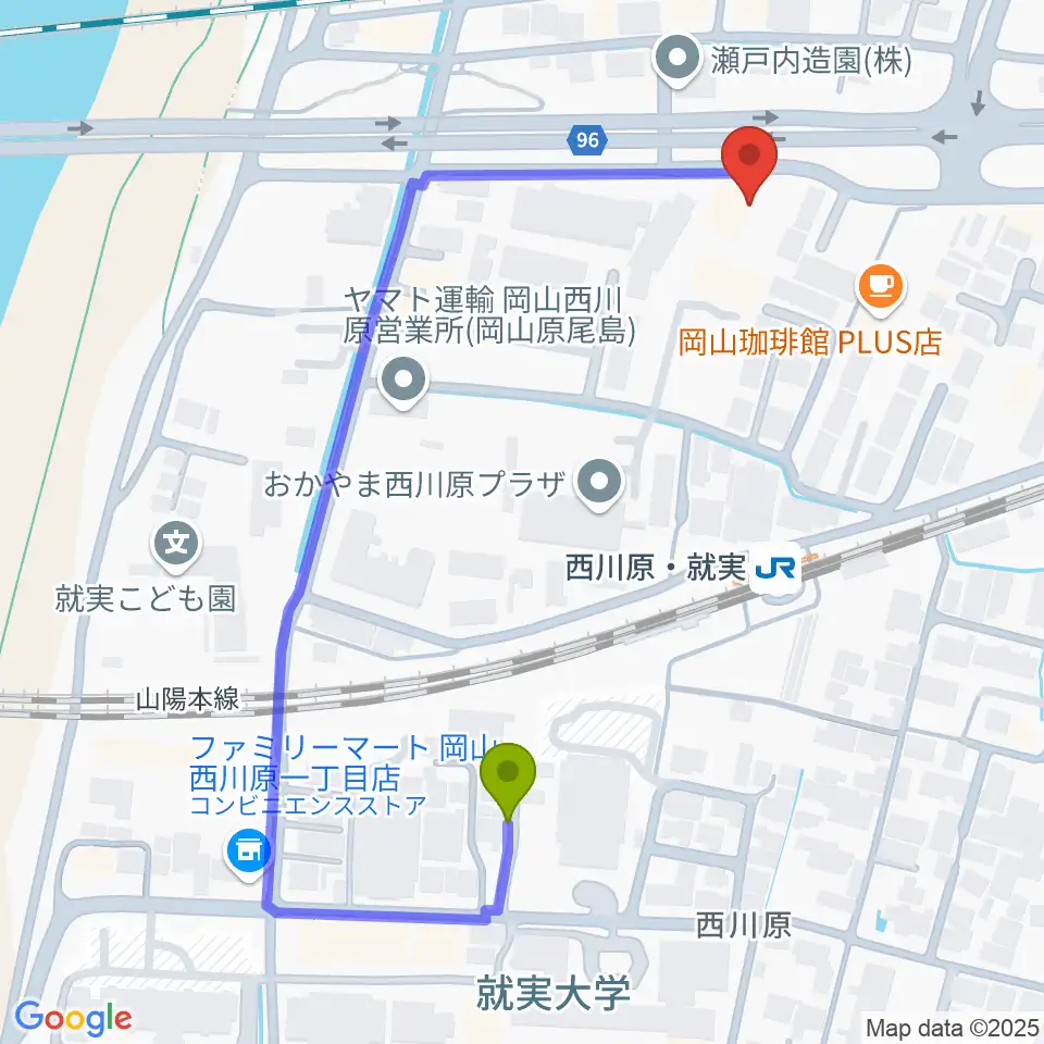 ラッシュミュージックアカデミーの最寄駅西川原駅からの徒歩ルート（約5分）地図