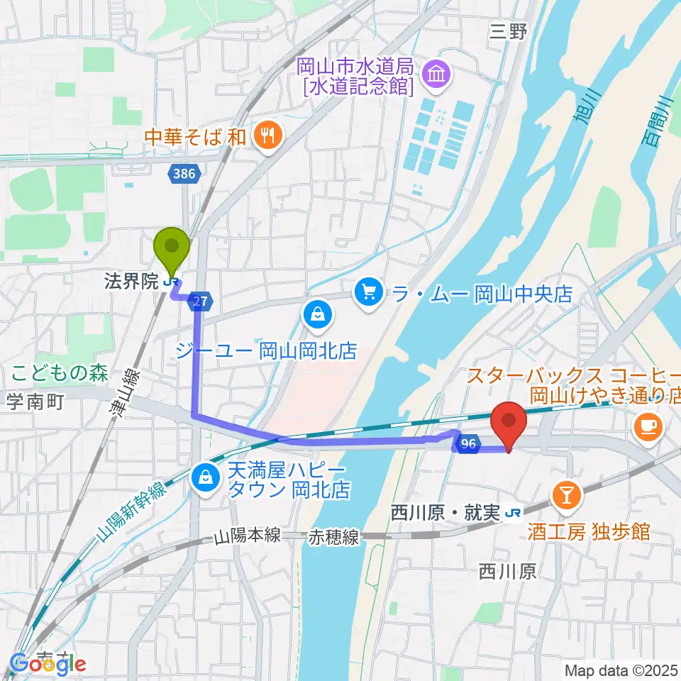 法界院駅からラッシュミュージックアカデミーへのルートマップ地図