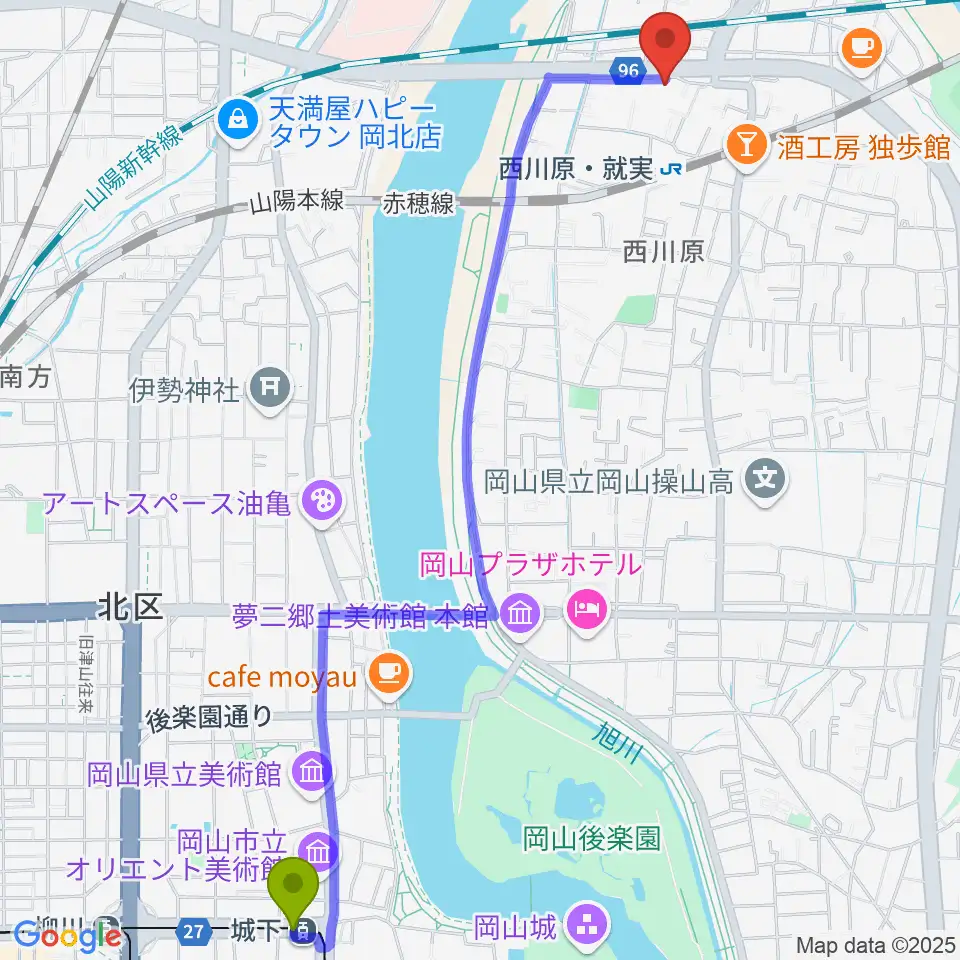 城下駅からラッシュミュージックアカデミーへのルートマップ地図