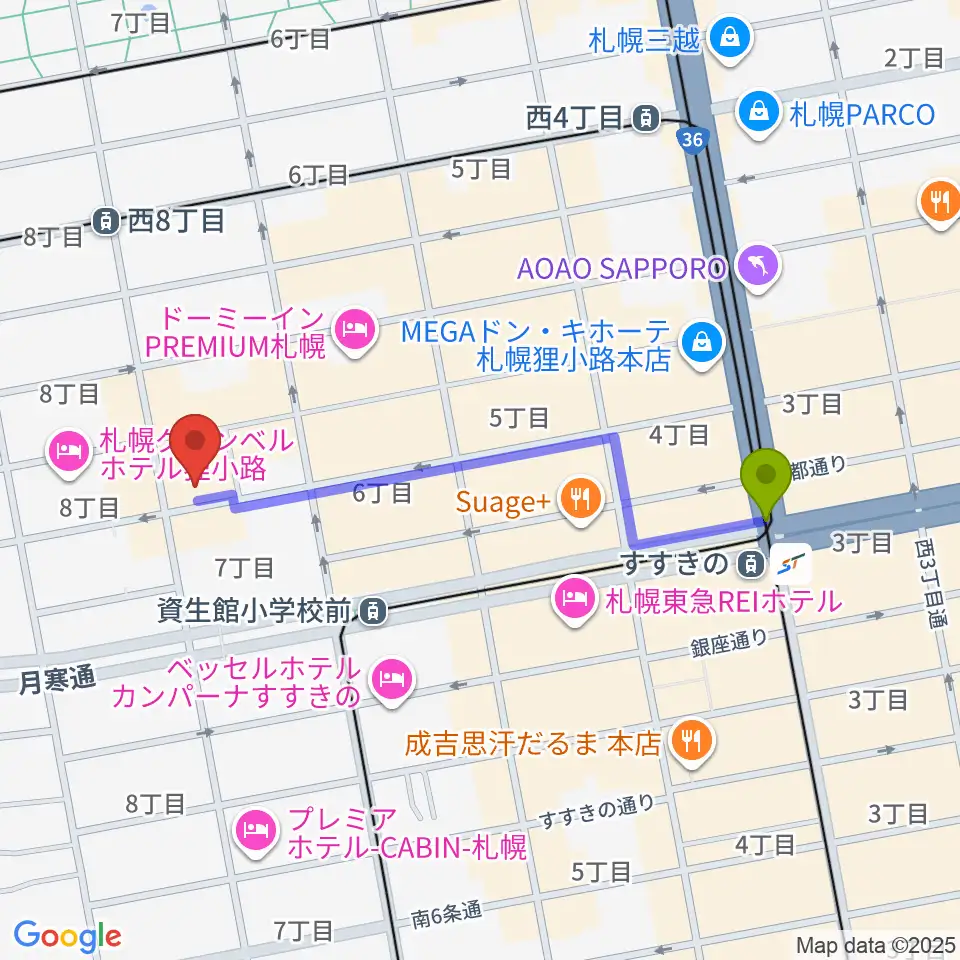 すすきの駅から井関楽器へのルートマップ地図