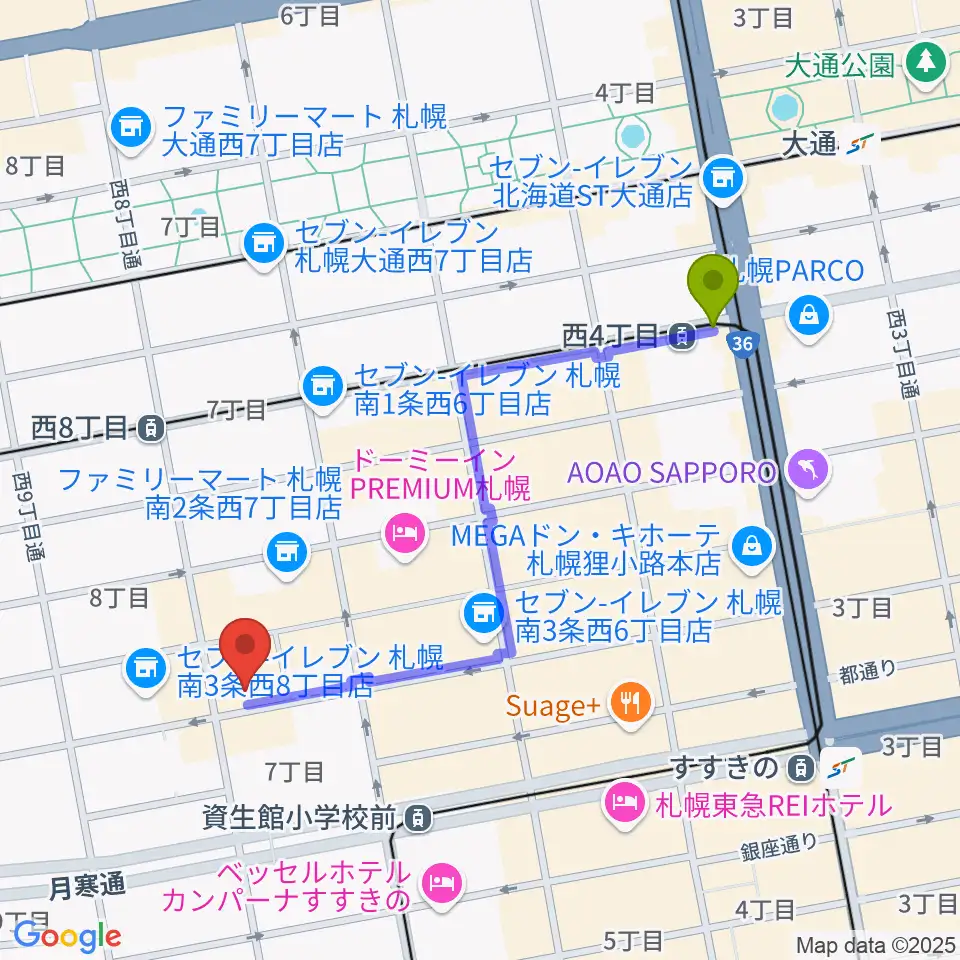 西４丁目駅から井関楽器へのルートマップ地図