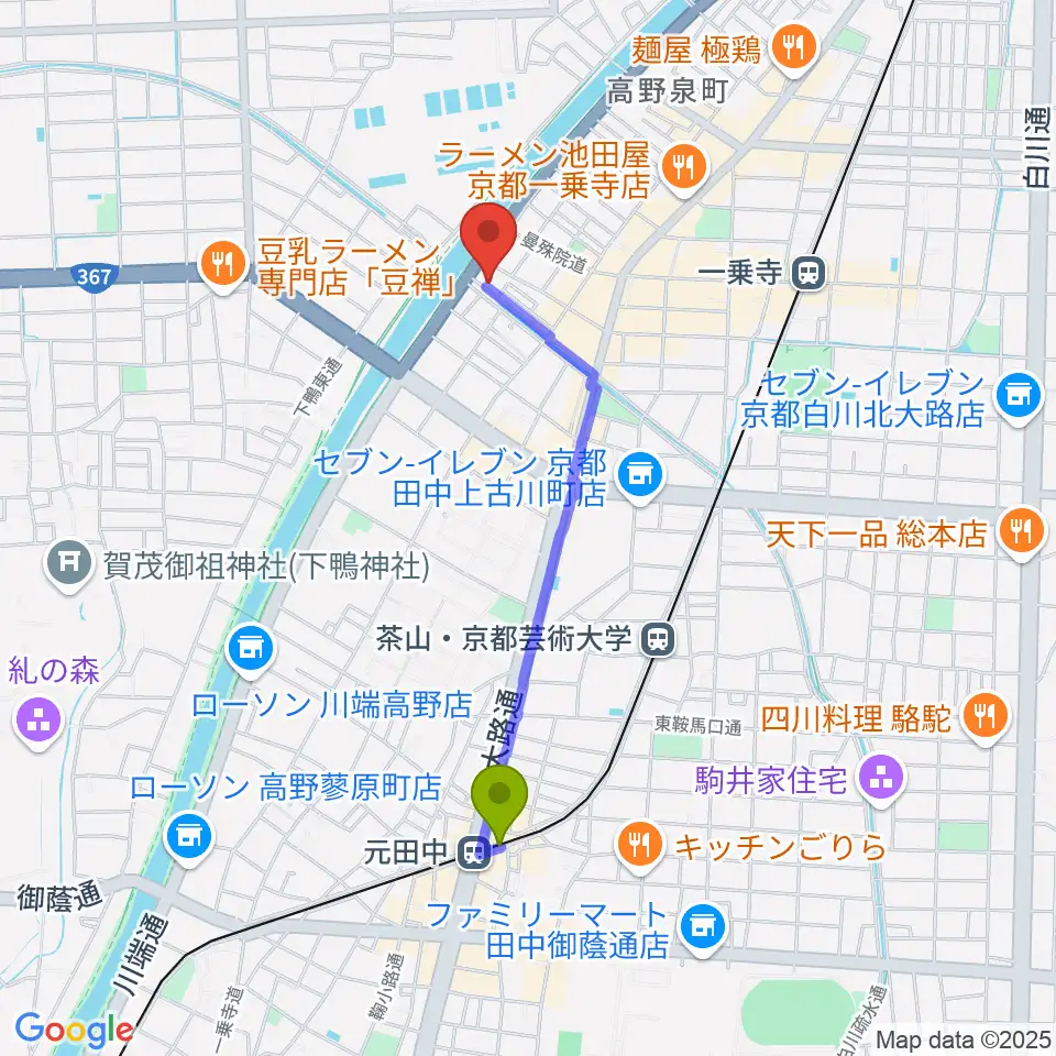 元田中駅からギターランド フルアップへのルートマップ地図