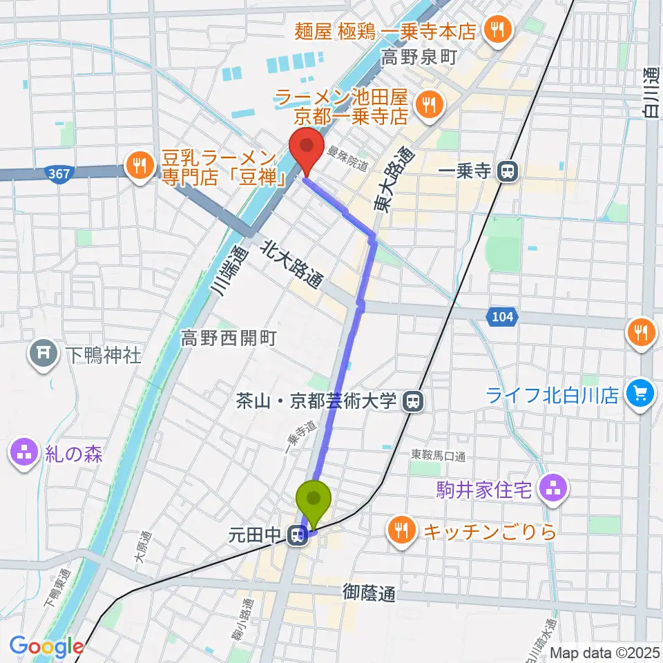 元田中駅からギターランド フルアップへのルートマップ地図
