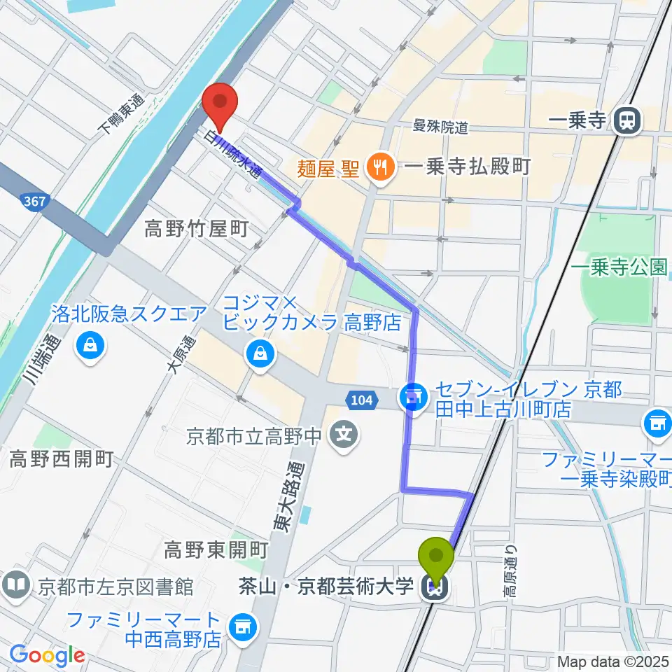 茶山駅からギターランド フルアップへのルートマップ地図