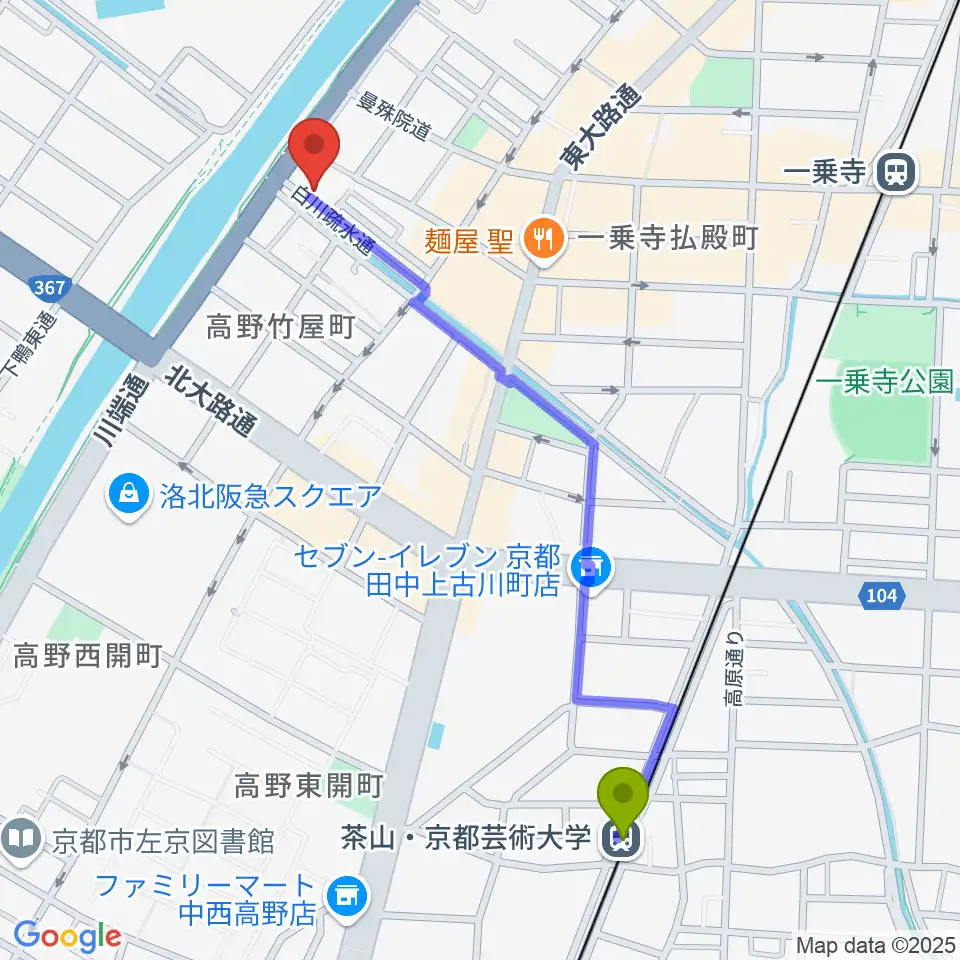 茶山駅からギターランド フルアップへのルートマップ地図