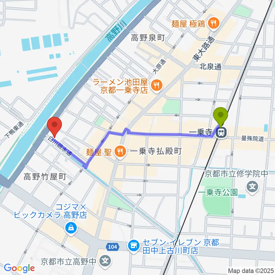 ギターランド フルアップの最寄駅一乗寺駅からの徒歩ルート（約9分）地図