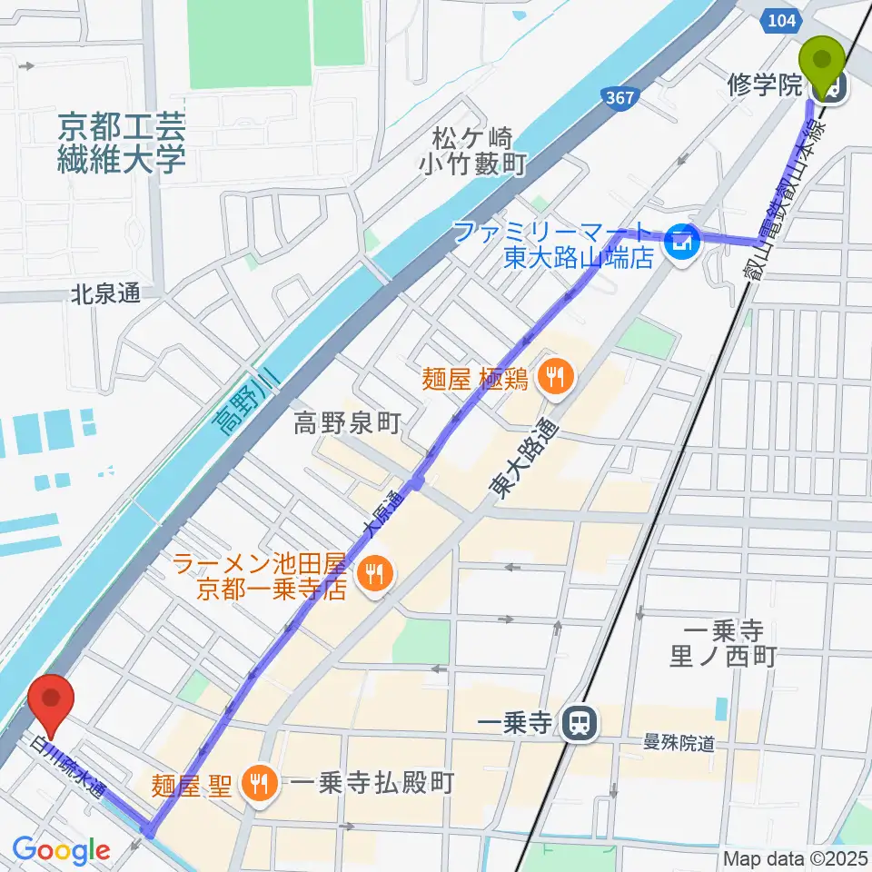 修学院駅からギターランド フルアップへのルートマップ地図