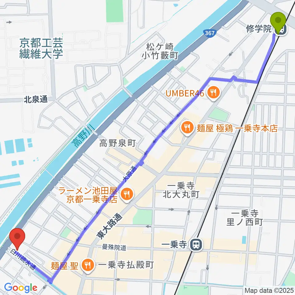 修学院駅からギターランド フルアップへのルートマップ地図