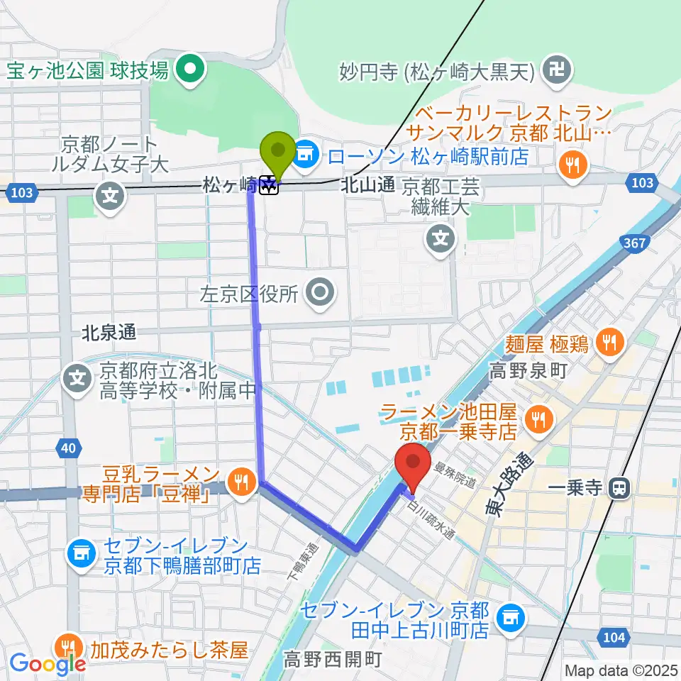 松ヶ崎駅からギターランド フルアップへのルートマップ地図