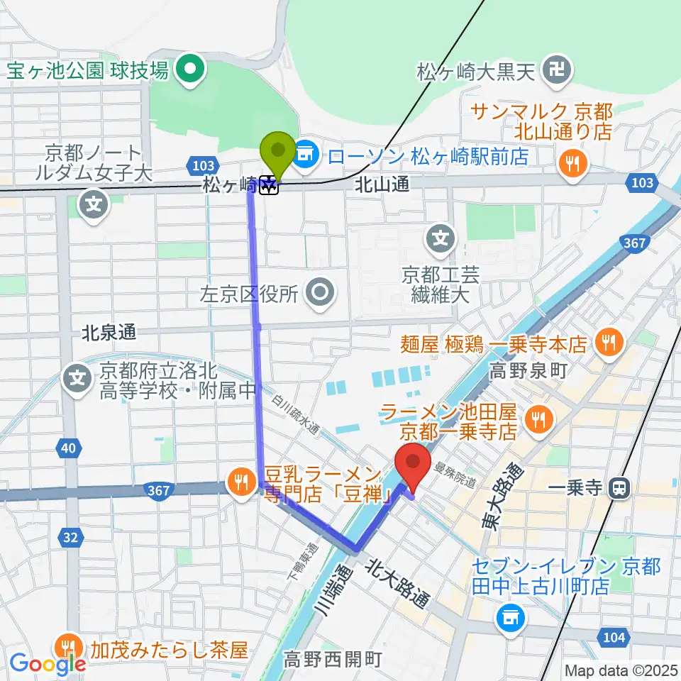 松ヶ崎駅からギターランド フルアップへのルートマップ地図