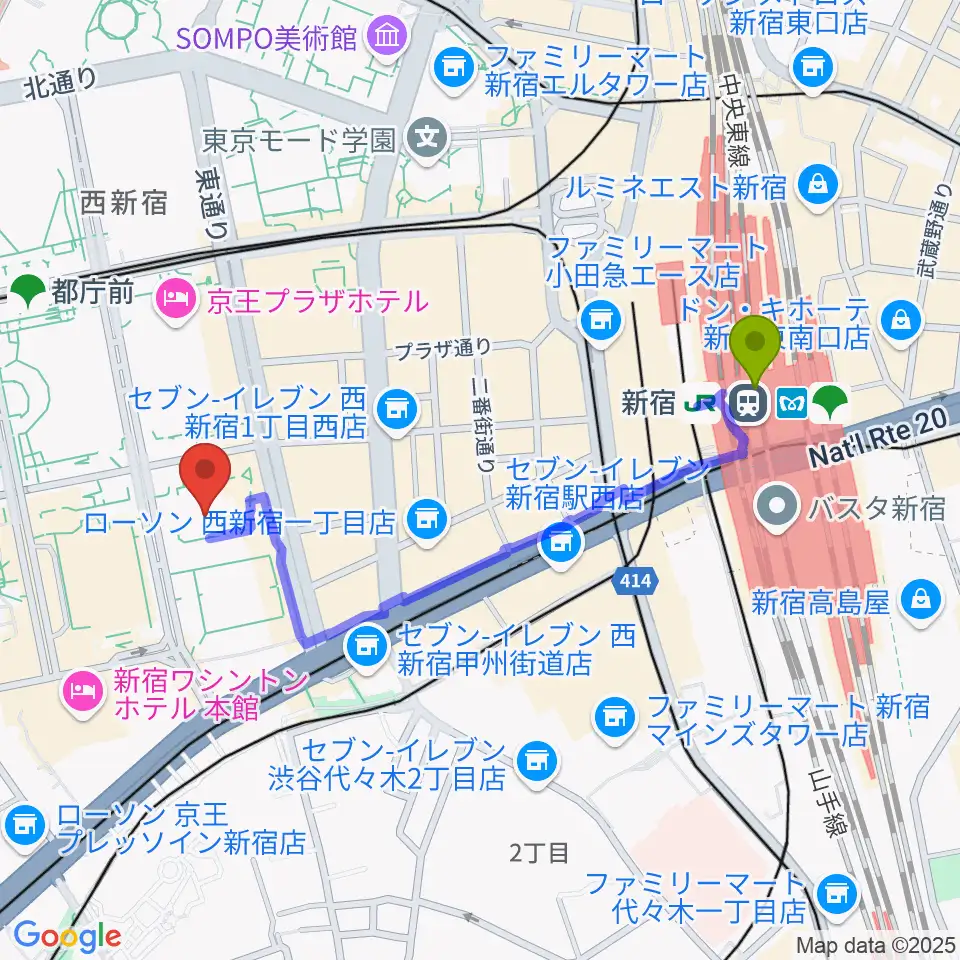 新宿駅から宮地楽器 MUSIC JOY新宿へのルートマップ地図