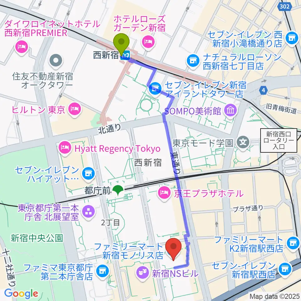 西新宿駅から宮地楽器 MUSIC JOY新宿へのルートマップ地図