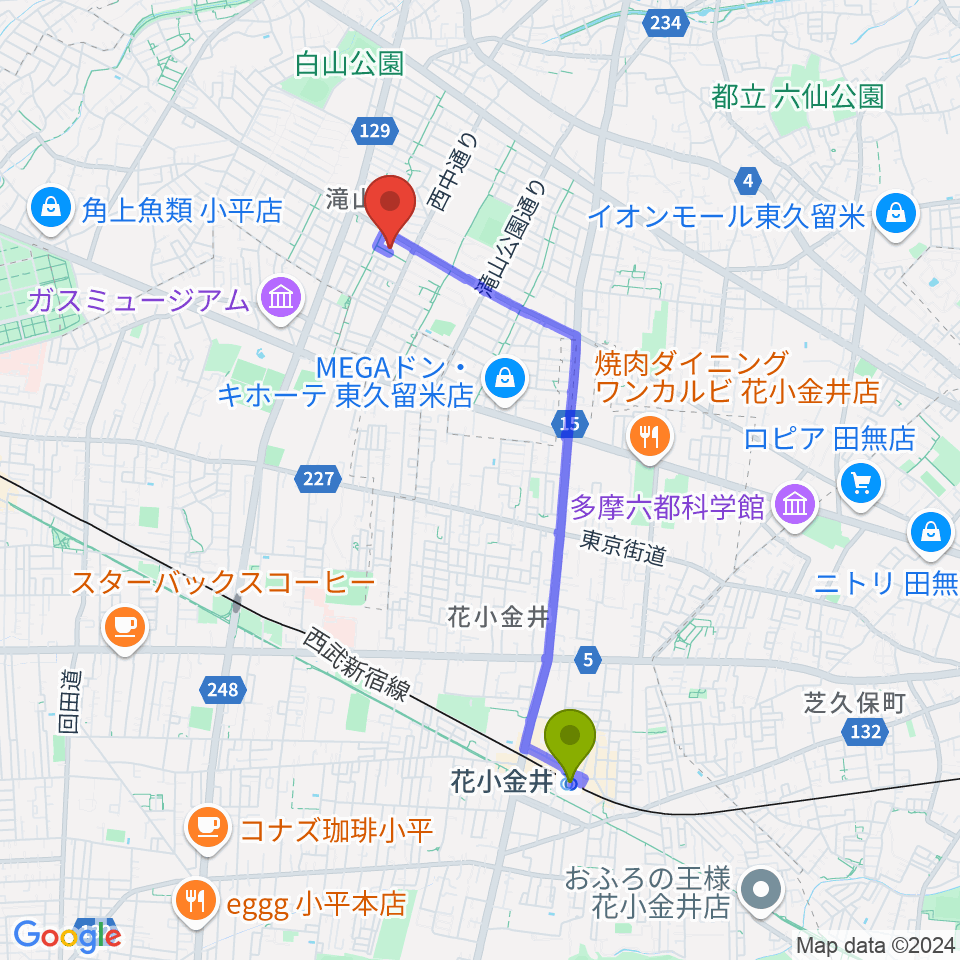 花小金井駅から宮地楽器 滝山センターへのルートマップ地図