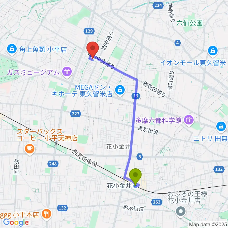 花小金井駅から宮地楽器 滝山センターへのルートマップ地図