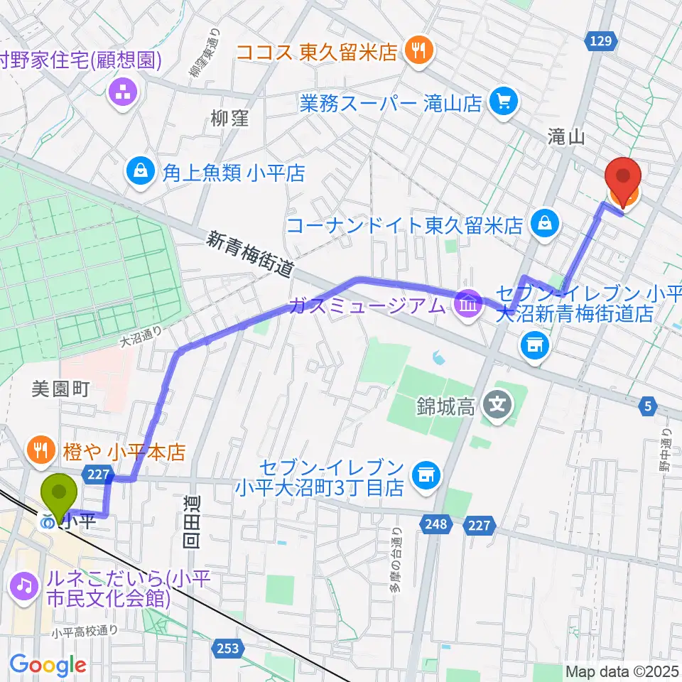 宮地楽器 滝山センターの最寄駅小平駅からの徒歩ルート（約29分）地図