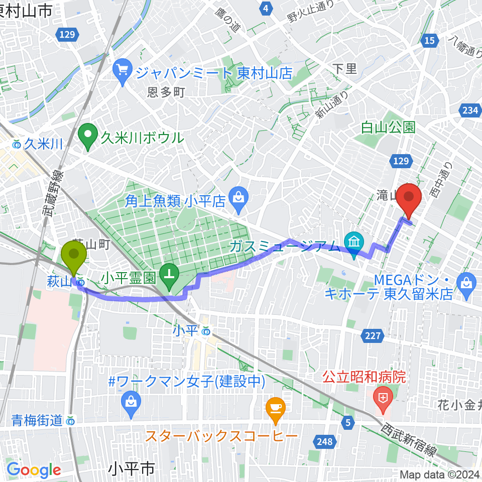 萩山駅から宮地楽器 滝山センターへのルートマップ地図