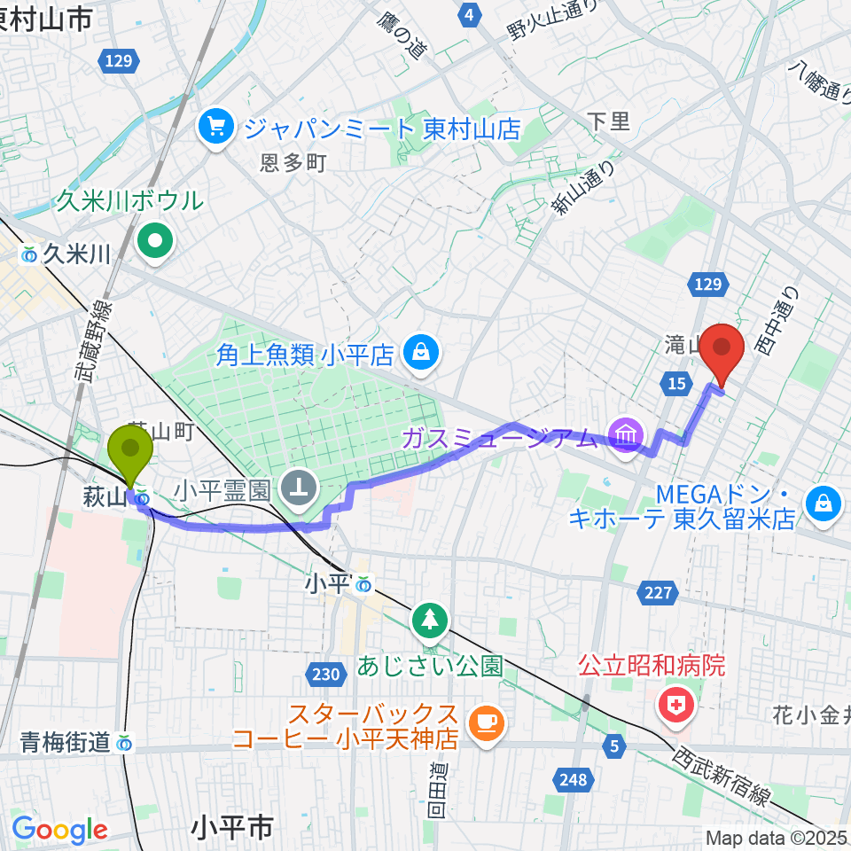 萩山駅から宮地楽器 滝山センターへのルートマップ地図