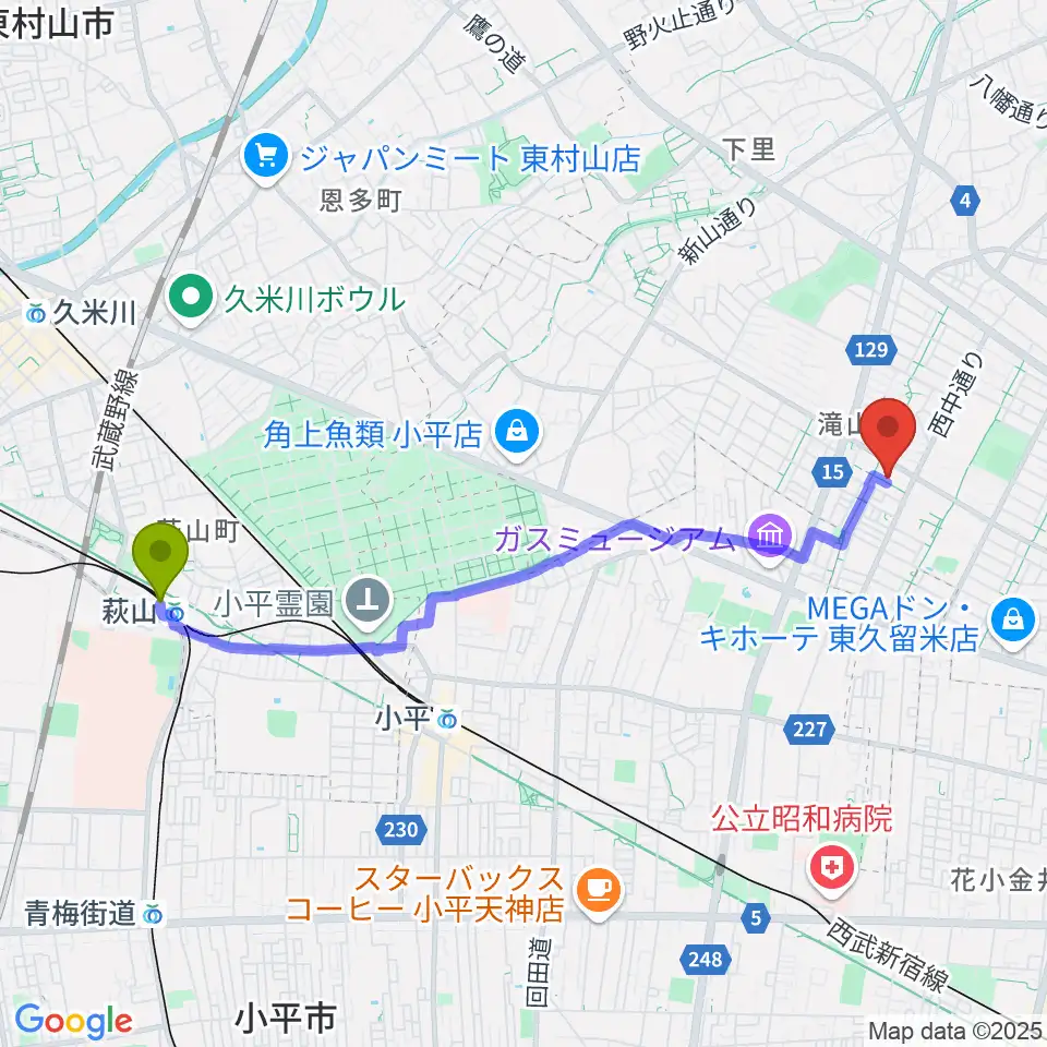 萩山駅から宮地楽器 滝山センターへのルートマップ地図