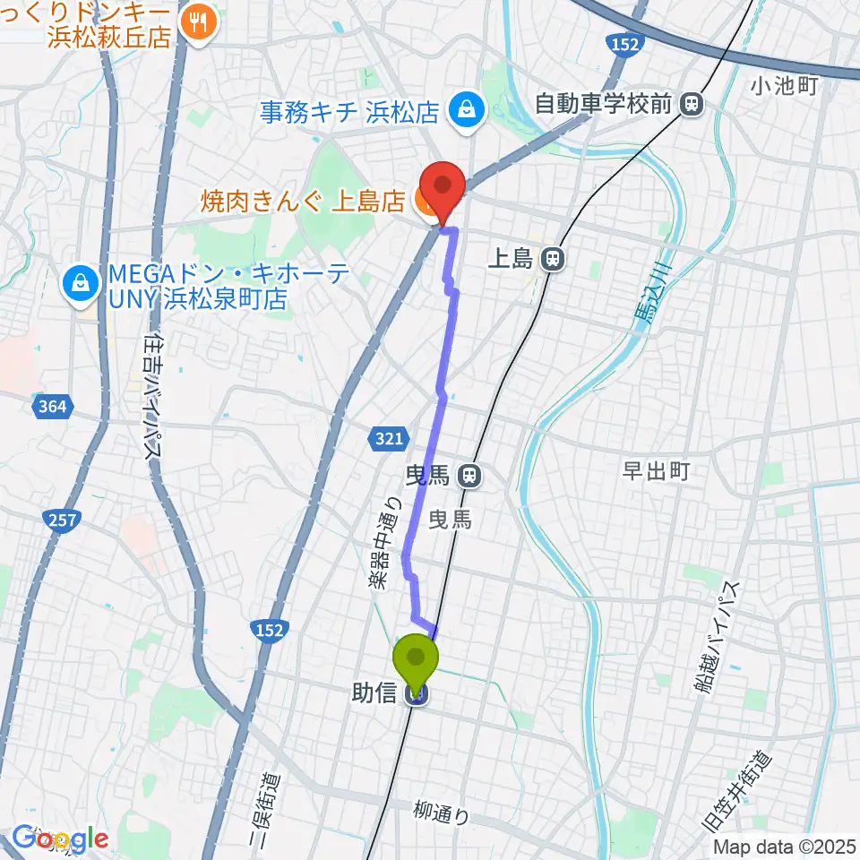 助信駅からアオイ楽器店へのルートマップ地図