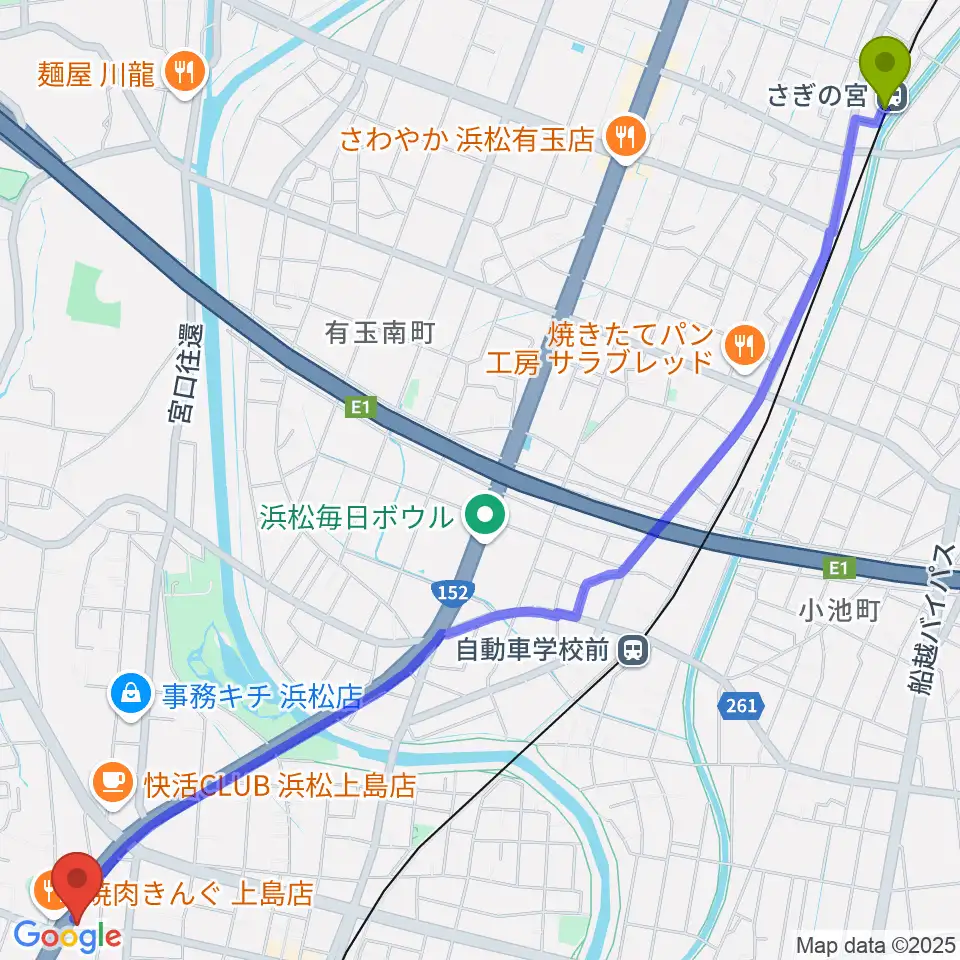 さぎの宮駅からアオイ楽器店へのルートマップ地図