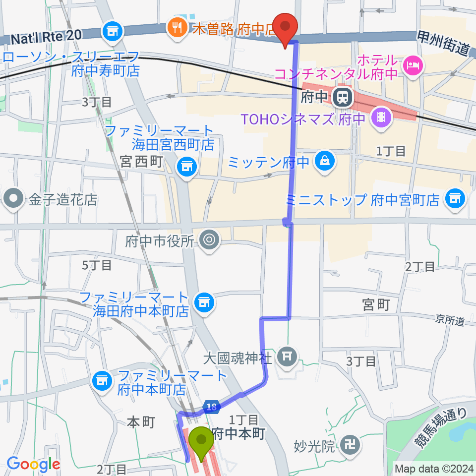 府中本町駅から宮地楽器 府中センターへのルートマップ地図