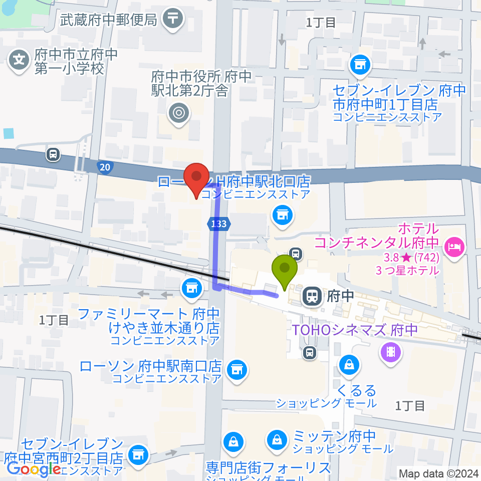 宮地楽器 府中センターの最寄駅府中駅からの徒歩ルート（約2分）地図