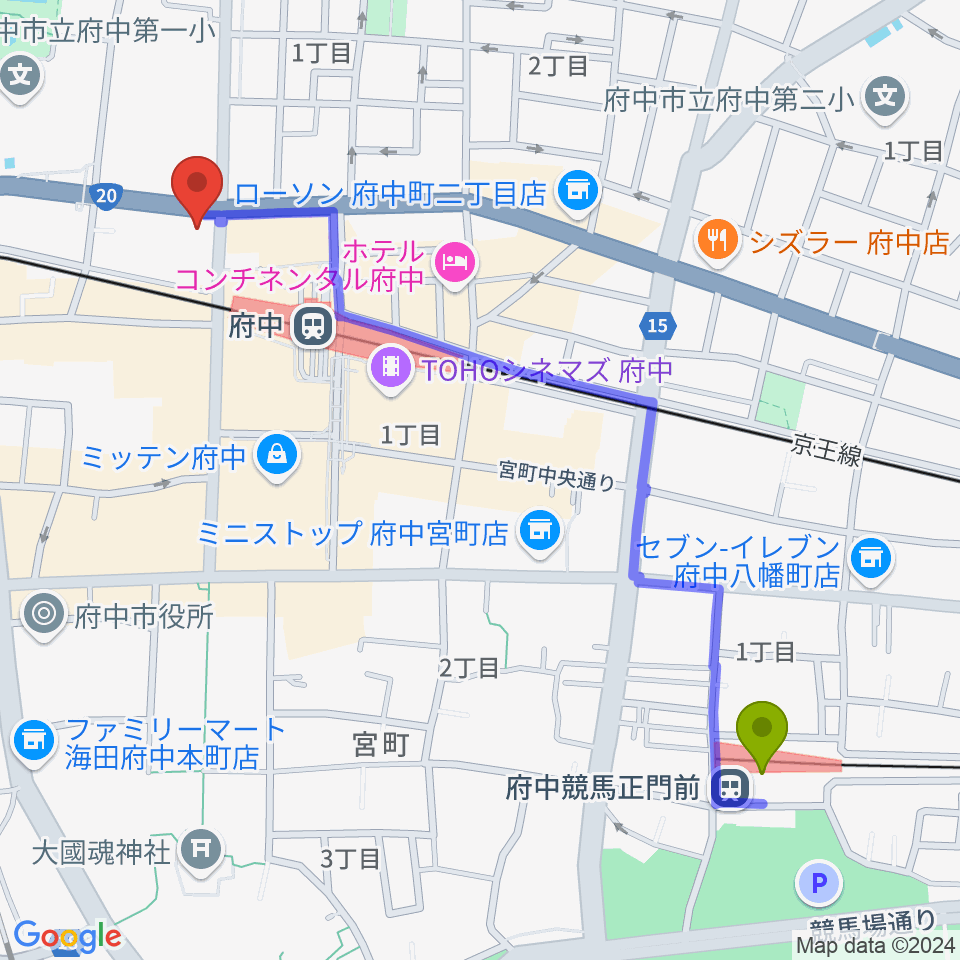 府中競馬正門前駅から宮地楽器 府中センターへのルートマップ地図