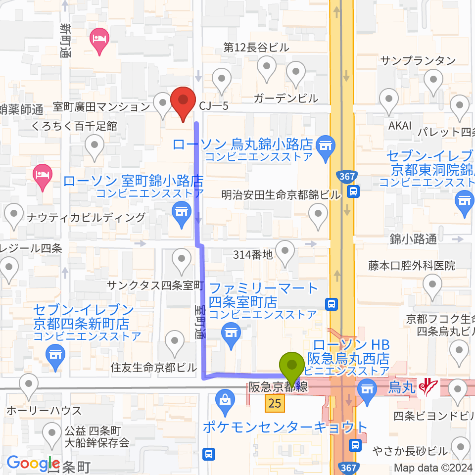 スタジオPoco四条の最寄駅烏丸駅からの徒歩ルート（約5分）地図