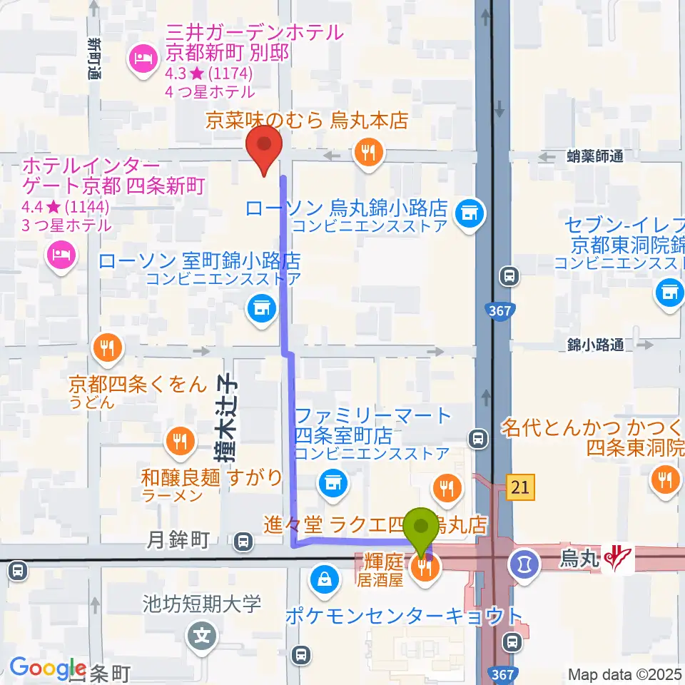 スタジオPoco四条の最寄駅烏丸駅からの徒歩ルート（約5分）地図