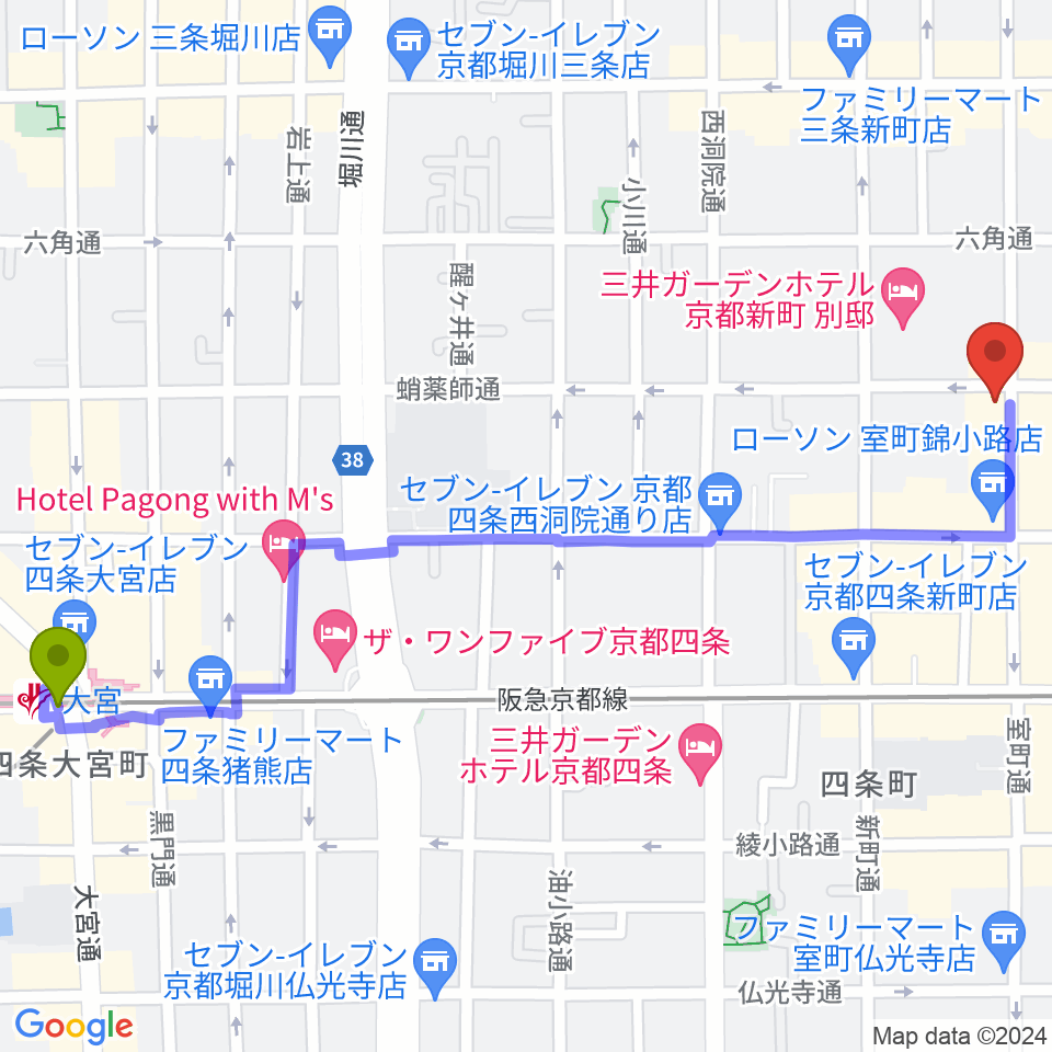 大宮駅からスタジオPoco四条へのルートマップ地図