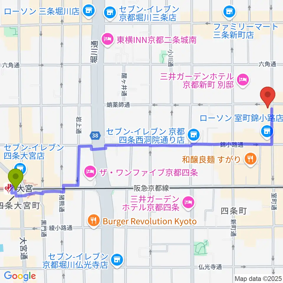 大宮駅からスタジオPoco四条へのルートマップ地図