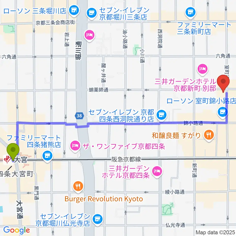 大宮駅からスタジオPoco四条へのルートマップ地図
