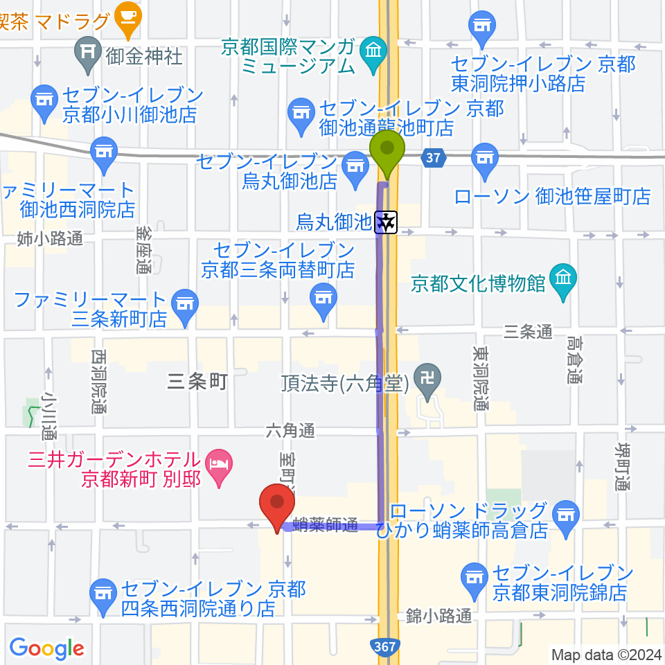 烏丸御池駅からスタジオPoco四条へのルートマップ地図