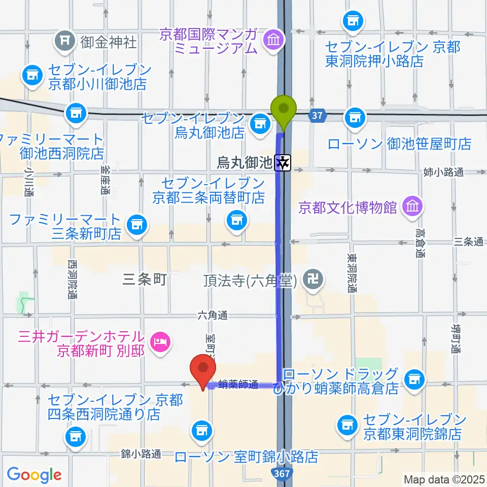 烏丸御池駅からスタジオPoco四条へのルートマップ地図