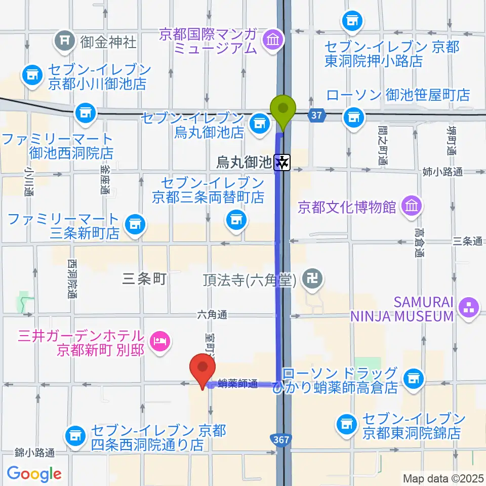 烏丸御池駅からスタジオPoco四条へのルートマップ地図