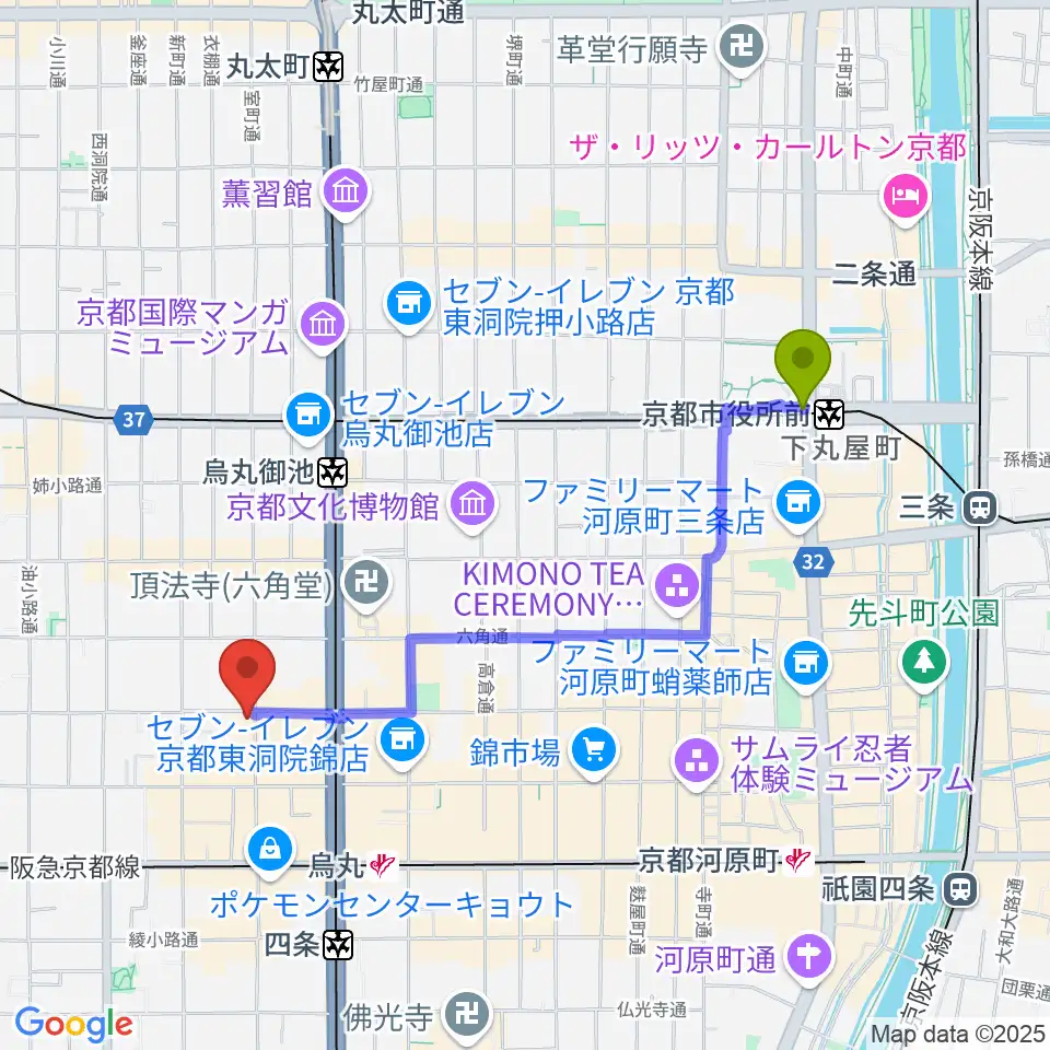 京都市役所前駅からスタジオPoco四条へのルートマップ地図