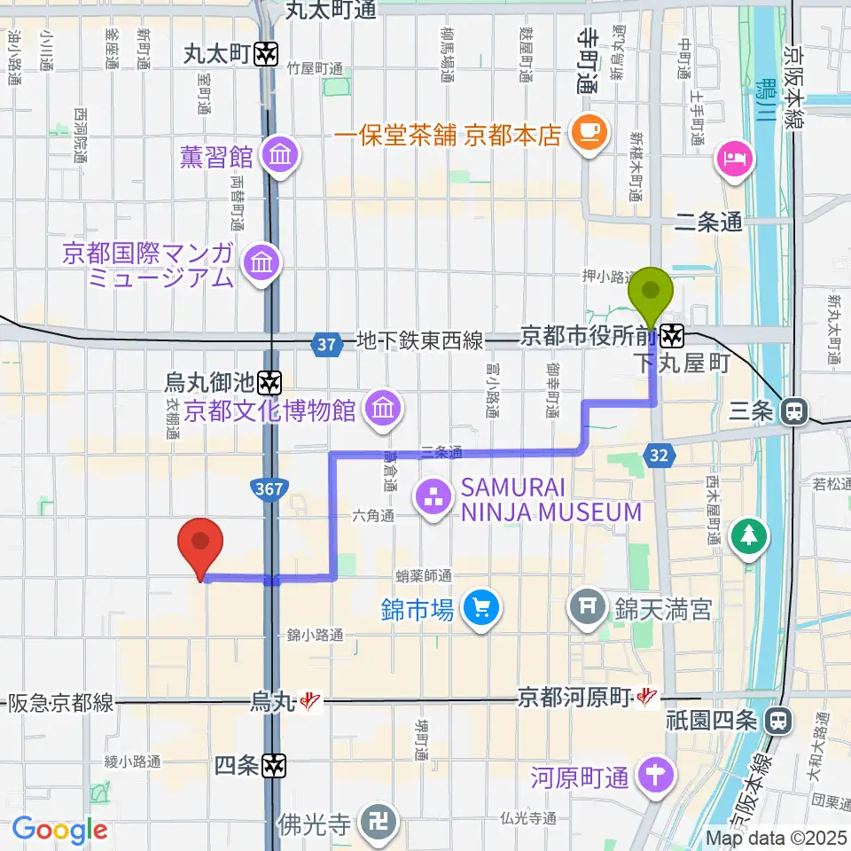 京都市役所前駅からスタジオPoco四条へのルートマップ地図