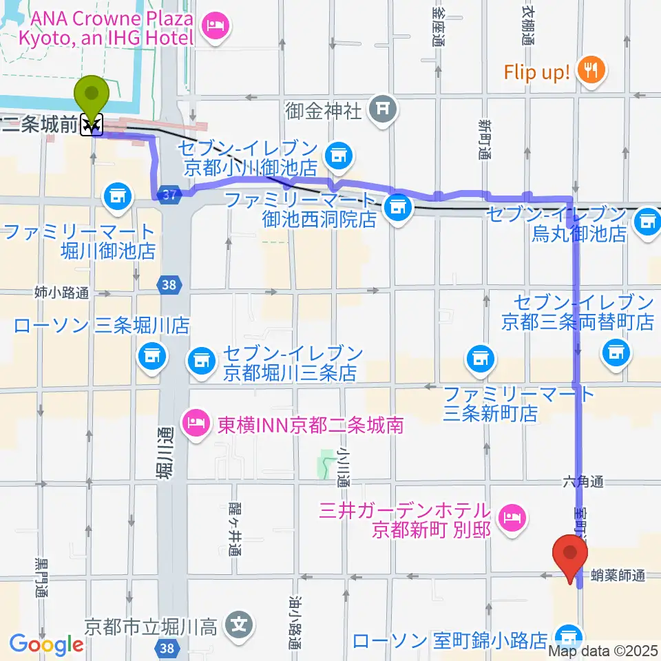 二条城前駅からスタジオPoco四条へのルートマップ地図