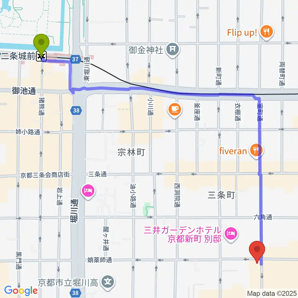 二条城前駅からスタジオPoco四条へのルートマップ地図